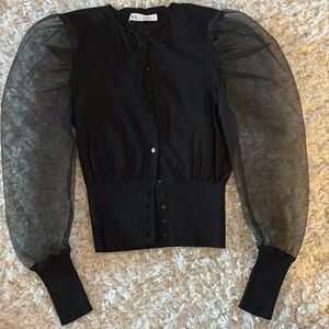 Zara Black Long Sleeve Mesh Button Down Medium